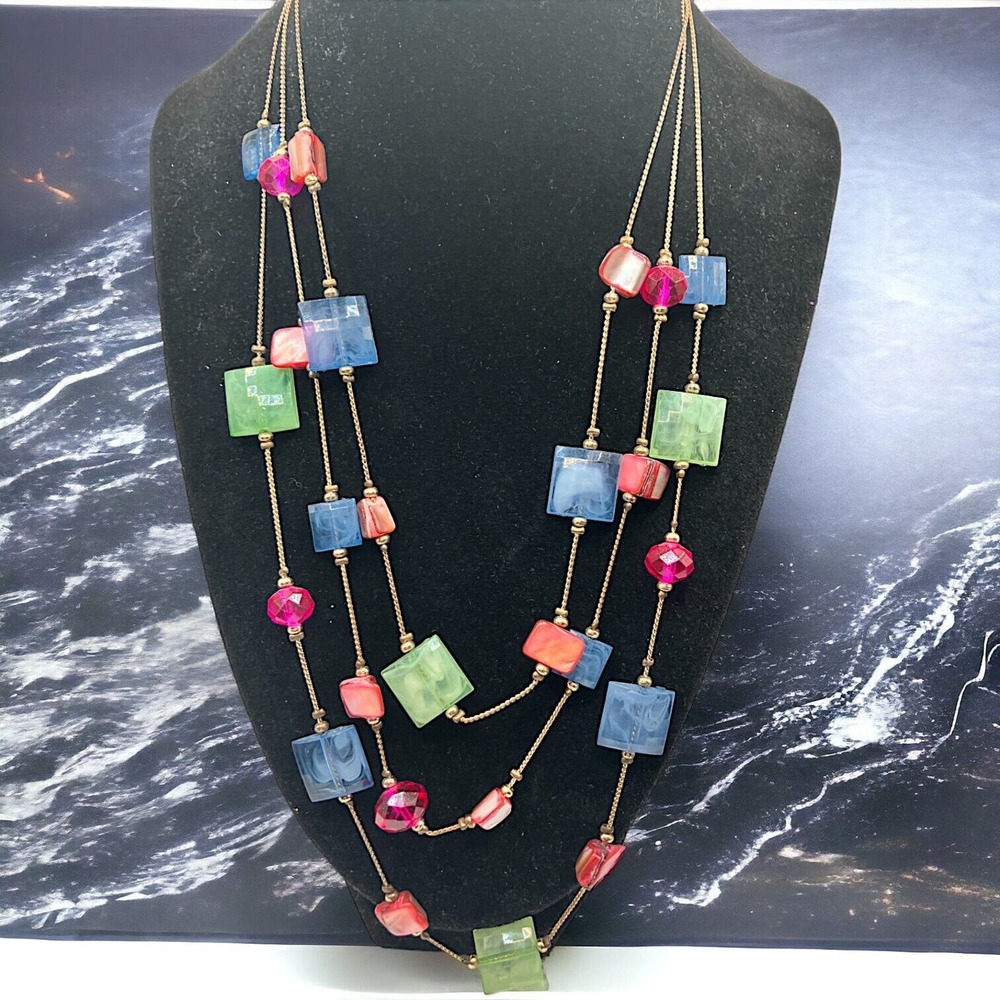 Marbled Multicolored 3 Strand Beaded 21 3/8 Inch Necklace!